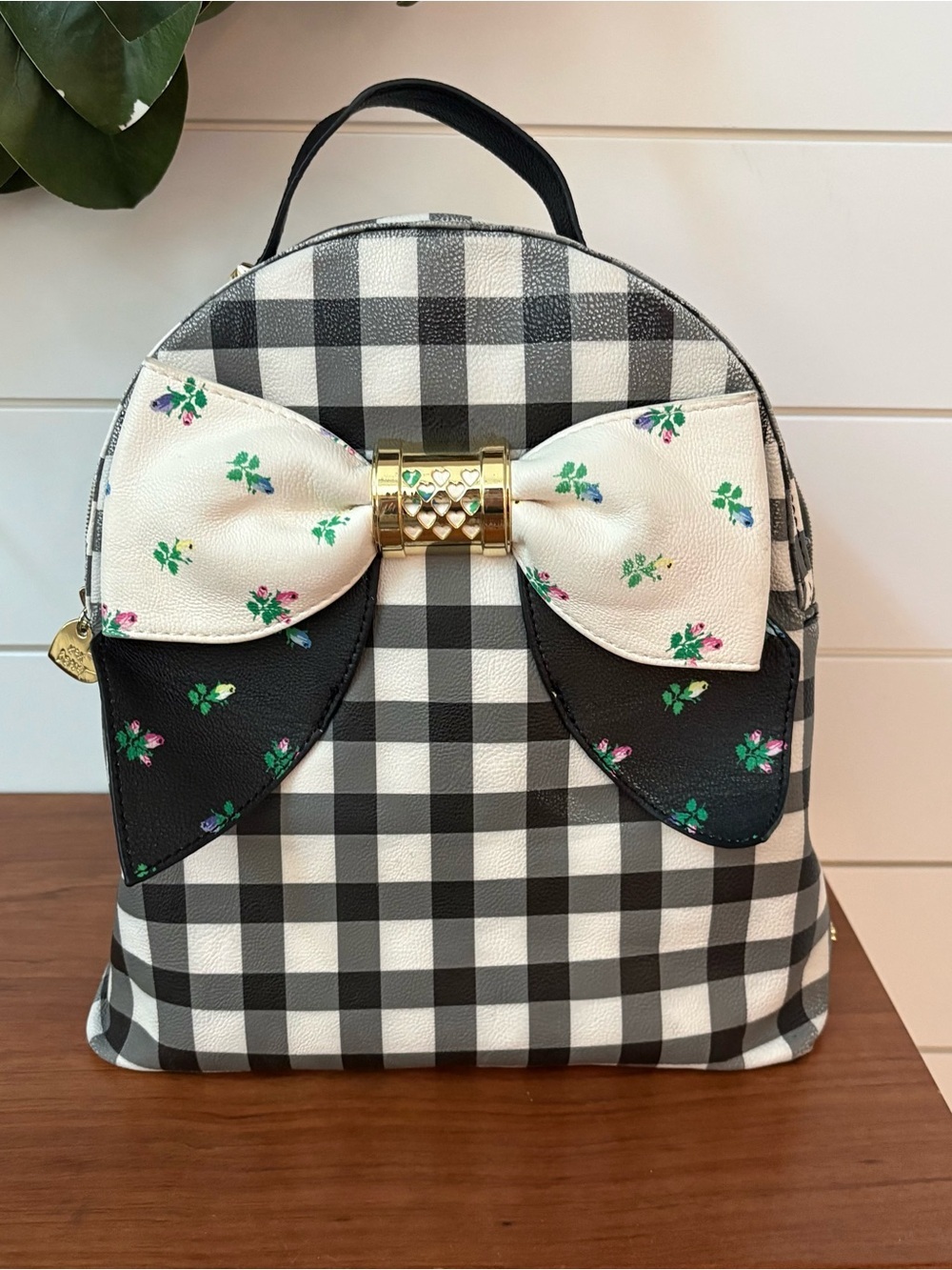 Betsey Johnson Backpack Black White Gingham Big Rose Floral Bow Y2K Coquette 90s